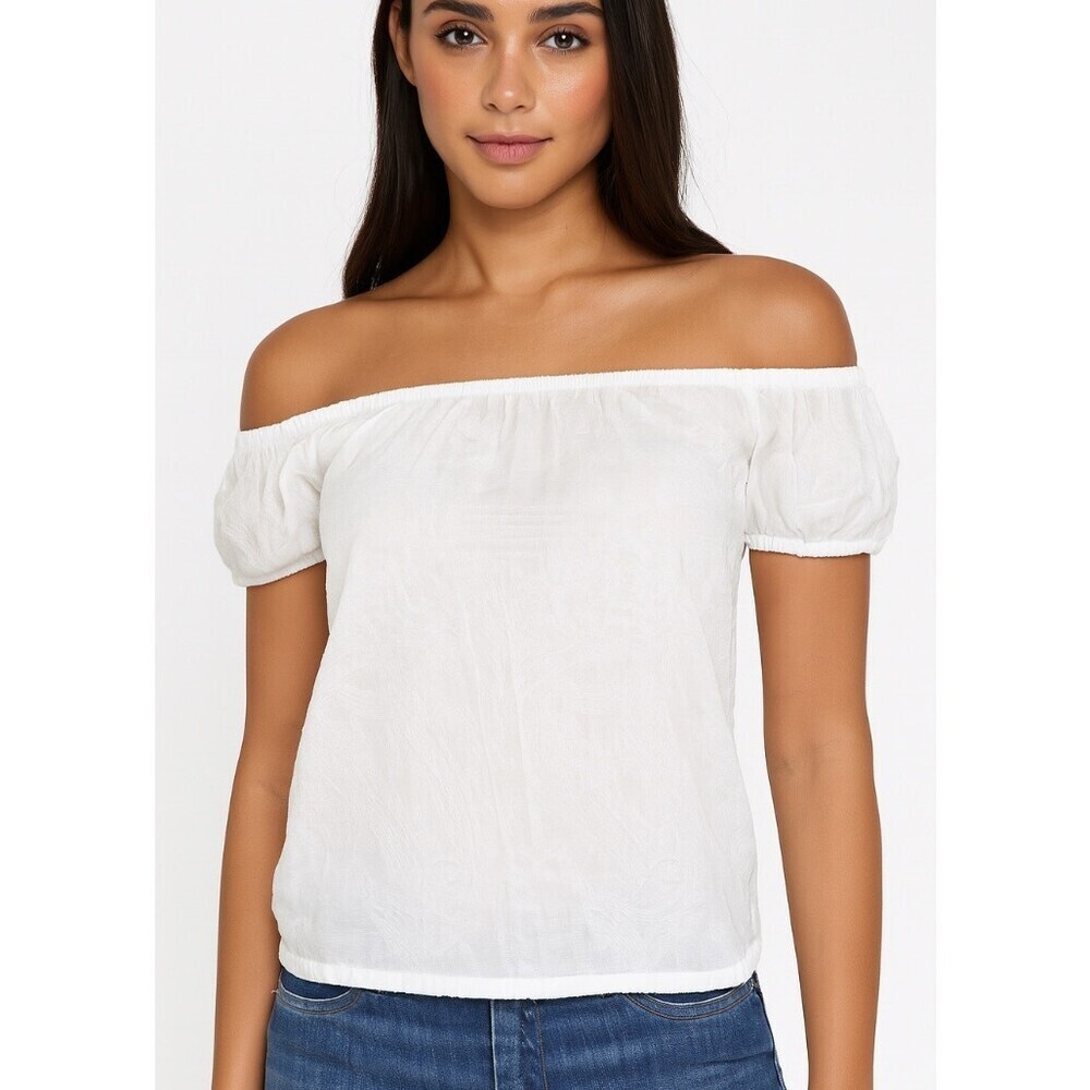 Bebe brand top semi sheer off the shoulder white cropped SZ S/P blouse gauzy